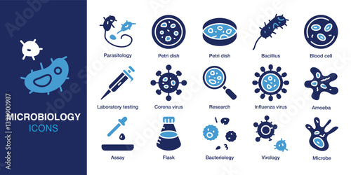 Microbiology icon set. Containing Parasitology, Petri dish, Bacillus, Blood cell, Laboratory testing and more. Solid vector icons collection. Vector illustration.
