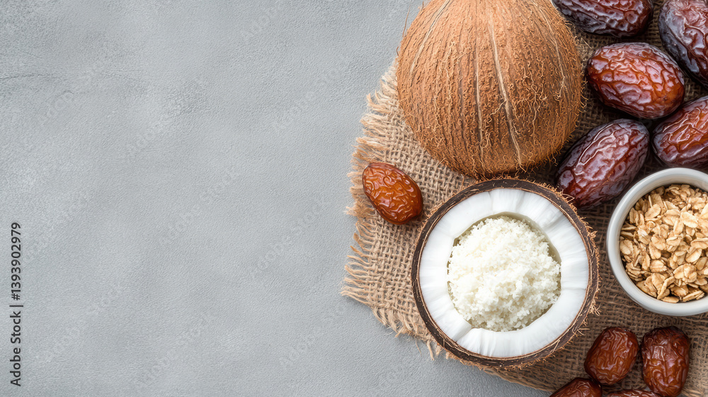 Fototapeta premium Coconut, dates, and oats arranged beautifully textured surface create natural and healthy vibe