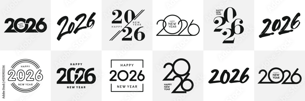 Big Set of 2026 Happy New Year logo text design. 2026 number design template. Collection of 2026 Happy New Year symbols. Vector illustration with black labels isolated on white background.