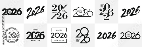 Big Set of 2026 Happy New Year logo text design. 2026 number design template. Collection of 2026 Happy New Year symbols. Vector illustration with black labels isolated on white background.