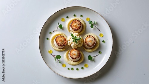 Fotografie Perfectly plated scallop dish on a full white porcelain plate: three seared scal