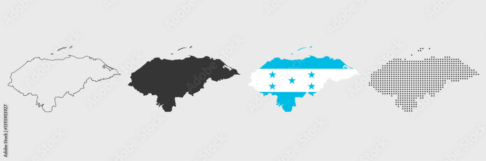 Honduras map in various style outline, grey, flag color, dotted Honduras map in various style outline, grey, flag color, dotted