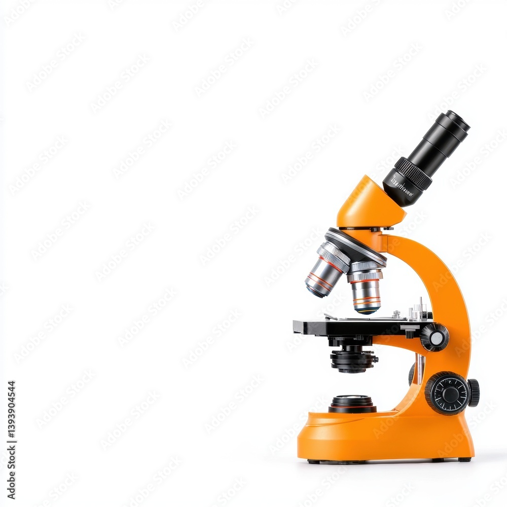 A bright orange microscope stands against a white background, designed for scientific observation and analysis of small objects. A bright orange microscope stands against a white background, designed for scientific observation and analysis of small objects.