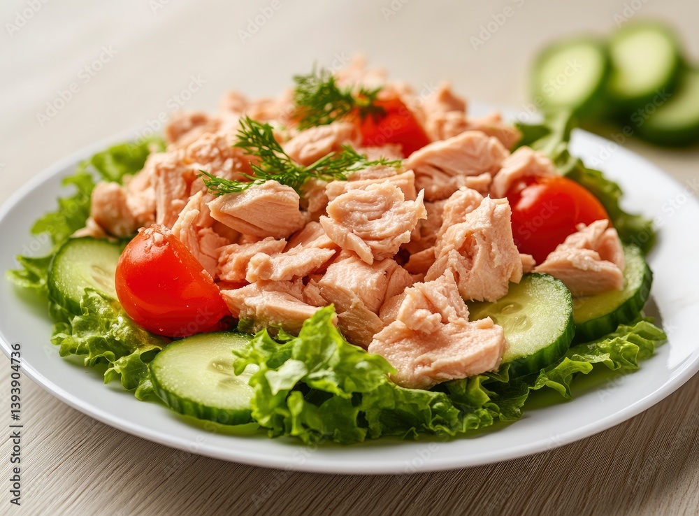 Serving of Fresh Tuna Salad with Cucumber and Tomato on Lettuce Serving of Fresh Tuna Salad with Cucumber and Tomato on Lettuce