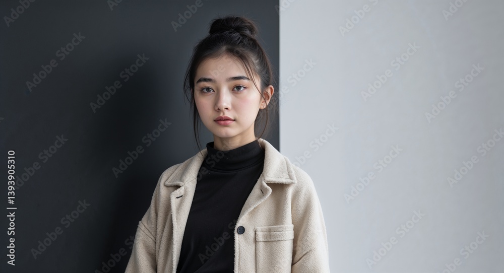 Fototapeta premium chinese teen girl on black plain bright background modern chic fashion pose model portrait portrait banner with copy space ad concept marketing