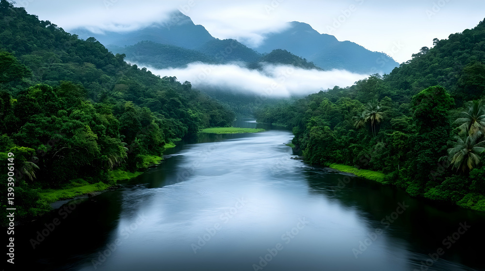 Fototapeta premium Serene River Winding Through Lush Green Tropical Forest and Misty Mountains