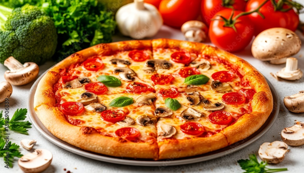 Fresh pizza topped with basil, sliced mushrooms, ripe tomatoes resting on plate, surrounded by colorful vegetables and ingredients, showcasing culinary deliciousness Fresh pizza topped with basil, sliced mushrooms, ripe tomatoes resting on plate, surrounded by colorful vegetables and ingredients, showcasing culinary deliciousness