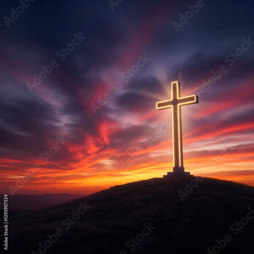 Illuminated Cross on Hill at Dusk – Faith and Hope Symbolism