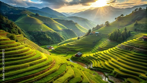 Breathtaking Aerial View of Lush Green Rice Terraces in Mu Vietnam A Stunning Landscape of Agricultural Beauty