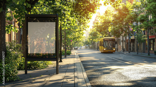 Obraz na płótnie serene urban scene featuring bus stop surrounded by lush greenery and sunlight filtering through trees. empty advertisement space invites creativity and imagination w salonie