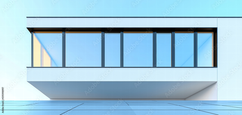 minimalist architectural design featuring modern building facade with large glass windows and sleek, clean aesthetic. bright blue sky enhances contemporary feel, creating serene atmosphere