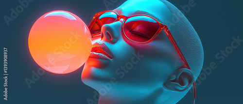 striking portrait of person with shaved head wearing vibrant sunglasses, blowing large bubblegum bubble. image features bold colors and futuristic aesthetic, evoking sense of fun and confidence