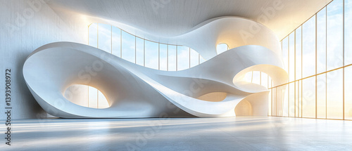 Obraz na płótnie minimalist interior featuring abstract white curved structures, bathed in natural light from large windows, creates serene and modern atmosphere. design emphasizes fluidity and elegance w salonie