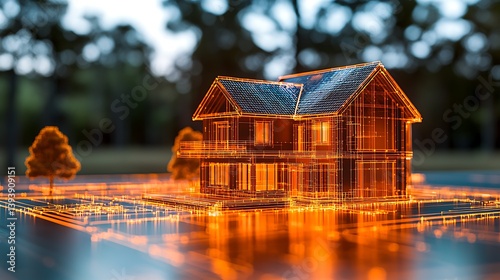 Miniature wooden house model warm lighting