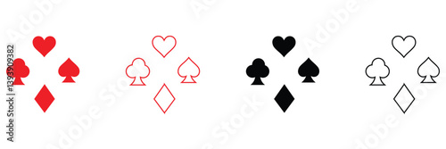 Playing card set, Four playing card suits icon set. Poker cards suits. Hearts, clubs, diamonds, spades ace. Winning poker hand. Casino gambling concept. Isolated on transparent .Vector Illustration . 