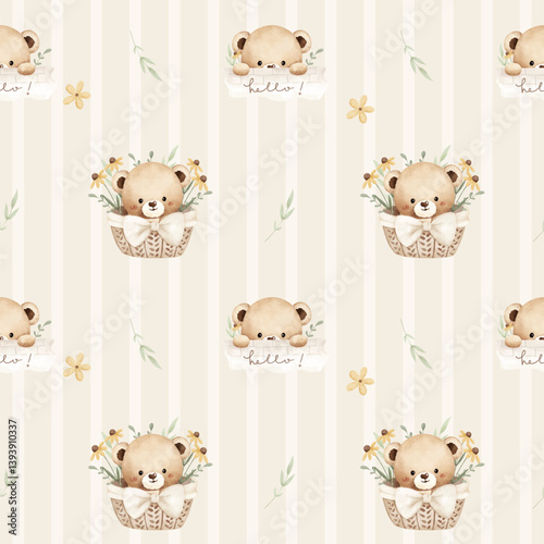 Watercolor Cute Baby Bear Seamless Pattern