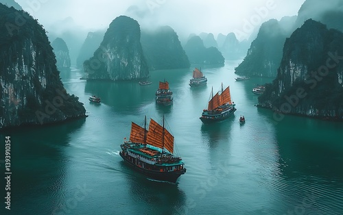 Misty sailing boats calm waterway karst rocks
