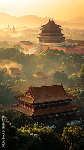 Misty sunrise asian temple architecture