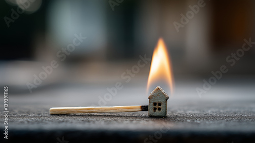 Burning House Match: An eye-level shot captures a match, its head a miniature house engulfed in flames. The image symbolizes the vulnerability and precarity of home.