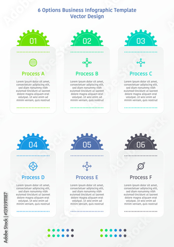 6 options business infographic template, theme of rounded corner rectangle frame with half gear shape at the top, also with text frame