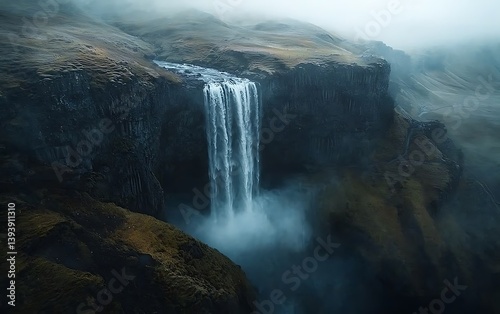 Misty waterfall dark rocks nature photography