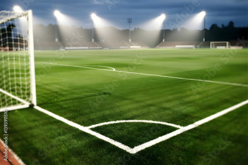 Soccer field at night with bright stadium lights and corner kick area is visible