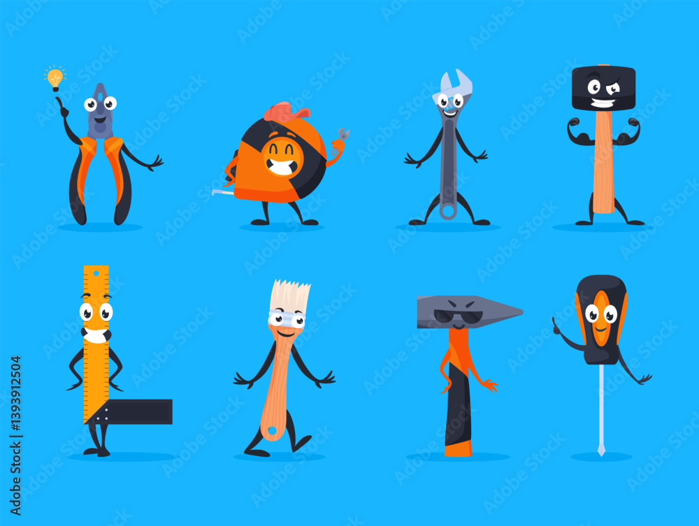 Bright characters in the form of repair tools, on a blue background, demonstrating funny poses and funny facial expressions. Bright characters in the form of repair tools, on a blue background, demonstrating funny poses and funny facial expressions.