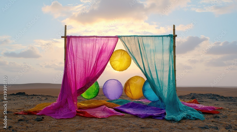 Colorful Drapes and Transparent Discs Create Vibrant Display Against Sky in Desert Landscape During Sunset