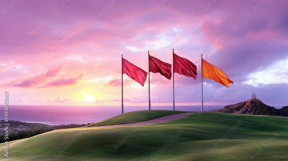 Vibrant Sunset Over Scenic Hill with Colorful Flags Fluttering Against a Beautiful Sky