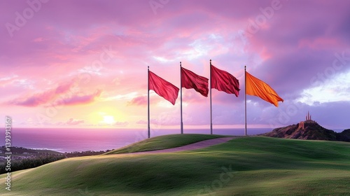 Obraz na płótnie Vibrant Sunset Over Scenic Hill with Colorful Flags Fluttering Against a Beautiful Sky w salonie