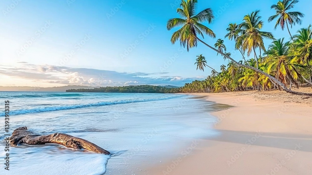 Serene Tropical Beach Landscape at Sunrise with Palm Trees and Gentle Waves on Shore