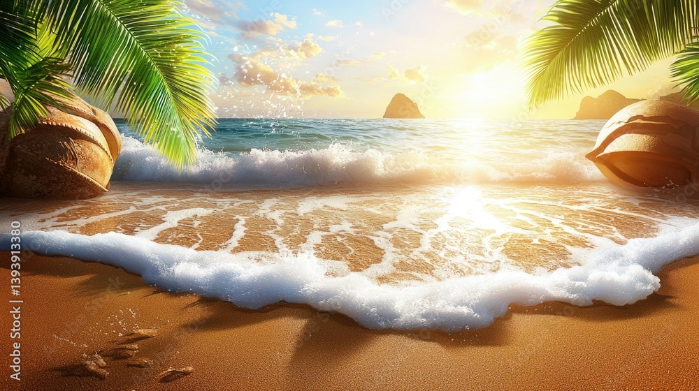 Serene Tropical Beach at Sunrise with Gentle Waves and Palm Trees for Relaxation and Peaceful Getaway