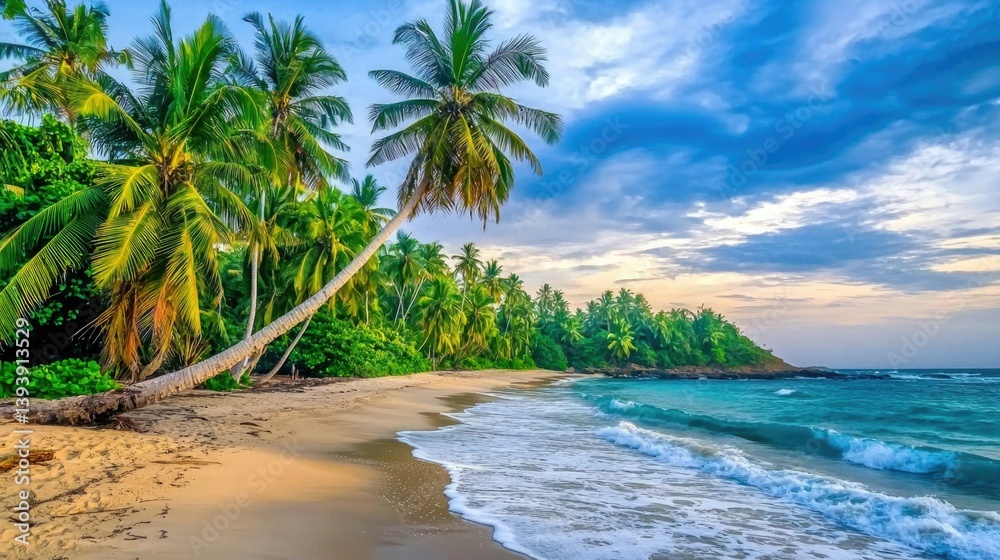 Serene Tropical Beach Scene with Palm Trees Overlooking Calm Waters and Clear Blue Skies at Sunset