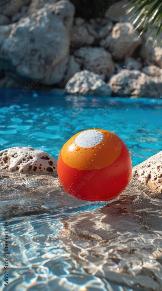 Obraz premium Orange inflatable ball in pool, rocks, and water, sunny day