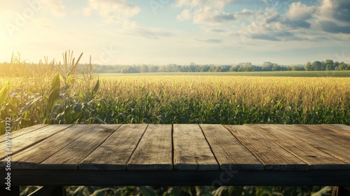 35.A peaceful countryside setting with a thriving cornfield and a wooden table positioned at the forefront, offering ample space for showcasing agricultural products or services with a smooth 3D