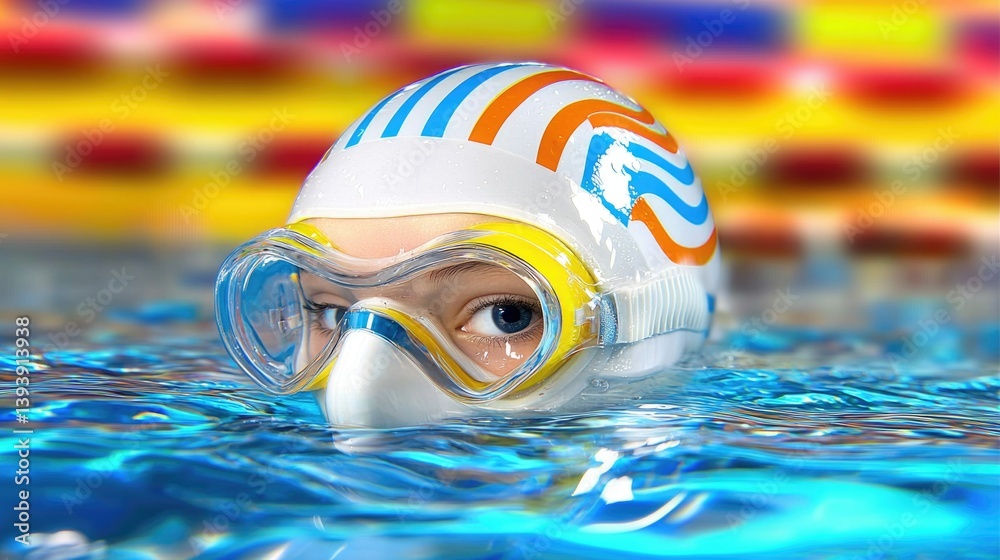 Young Swimmer with Colorful Goggles in Bright Pool Water, Focused and Determined Expression, Sport Activity