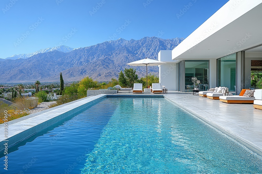 Fototapeta premium Modern pool with white chairs, umbrellas, and concrete patio, set against mountains in the background. Palm Springs style, white walls, blue sky, and distant mountains.