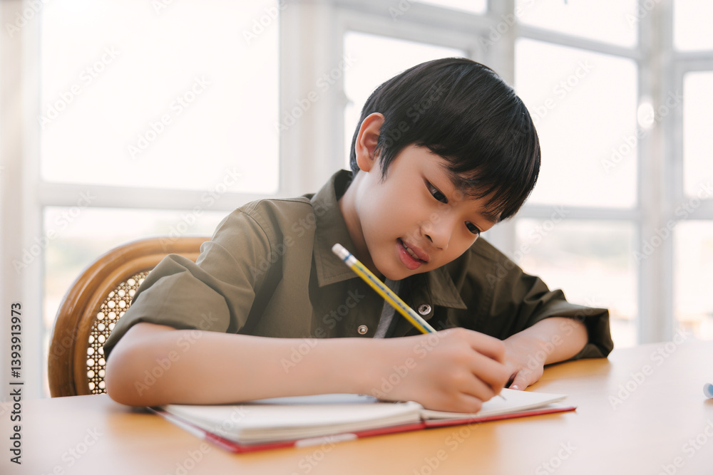 Focused Asian boy writes in a notebook using a pencil study, sitting at a desk by a window. Focused Asian boy writes in a notebook using a pencil study, sitting at a desk by a window.