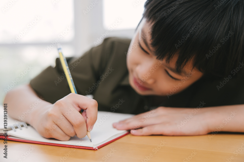 Focused Asian boy writes in a notebook using a pencil study, sitting at a desk by a window. Focused Asian boy writes in a notebook using a pencil study, sitting at a desk by a window.