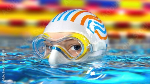 Obraz na płótnie Young Swimmer with Colorful Goggles in Bright Pool Water, Focused and Determined Expression, Sport Activity w salonie