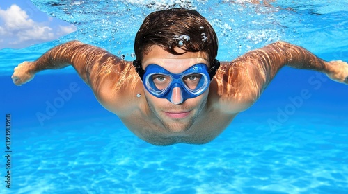 Obraz na płótnie Young Man Swimming Underwater with Goggles in Clear Blue Water on a Sunny Day w salonie