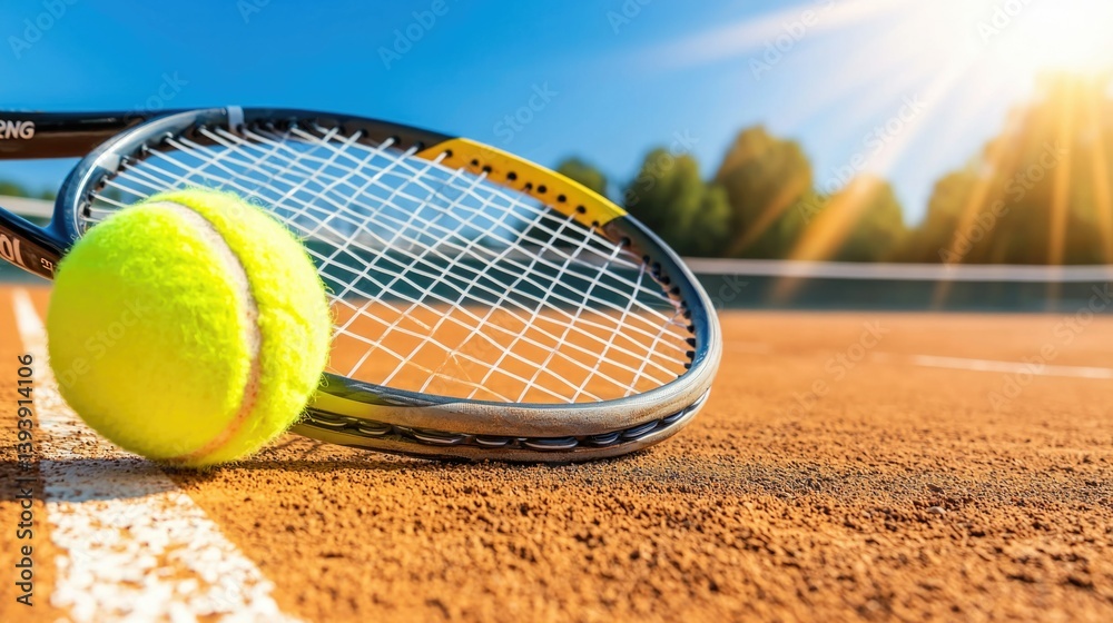 Close-Up of Tennis Racket and Bright Yellow Ball on Clay Court Under Sunlight with Vibrant Background