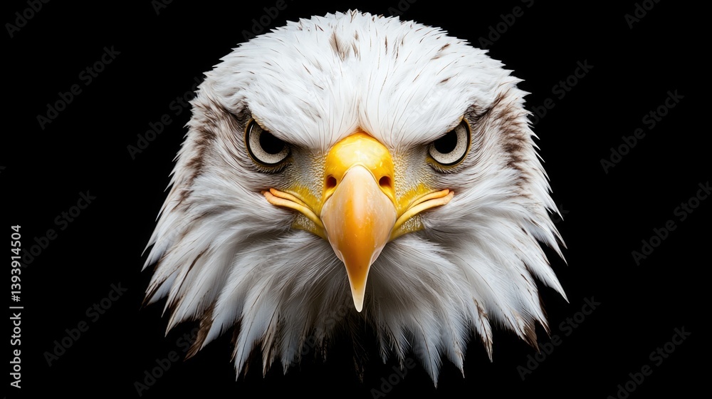 Majestic Bald Eagle Close-Up Portrait with Intense Eyes and Detailed Feathers Against a Solid Black Background