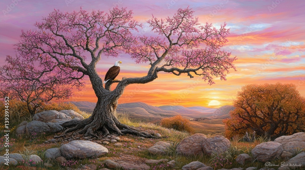 Majestic Eagle Perched on Gnarled Tree Under Vibrant Sunset in Blooming Landscape with Pink Flowers