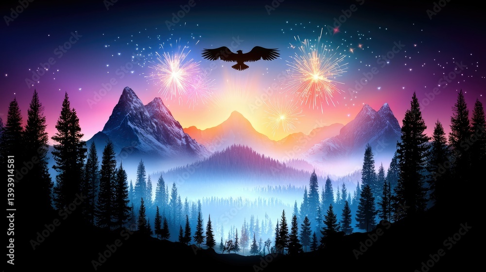 Majestic Mountain Landscape at Dawn with Fireworks and Soaring Eagle Above Vibrant Colorful Sky