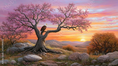 Obraz na płótnie Majestic Eagle Perched on Gnarled Tree Under Vibrant Sunset in Blooming Landscape with Pink Flowers w salonie