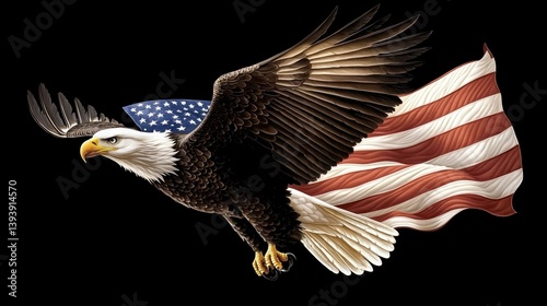 Majestic Bald Eagle Soaring with American Flag Against Dark Background, Symbol of Freedom and Patriotism
