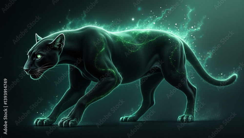 Fototapeta premium A sleek black panther with glowing green accents poised gracefully against a dark backdrop.