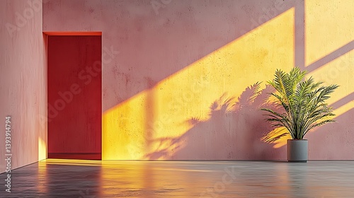 Modern interior hallway red door warm lighting
