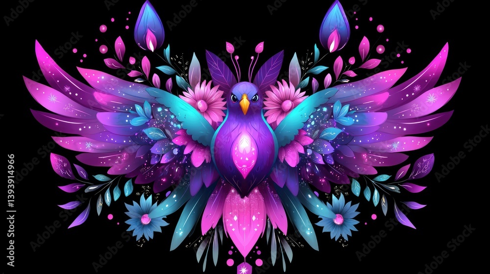 Vibrant Fantasy Bird Illustration with Colorful Feathers and Floral Elements Against Black Background